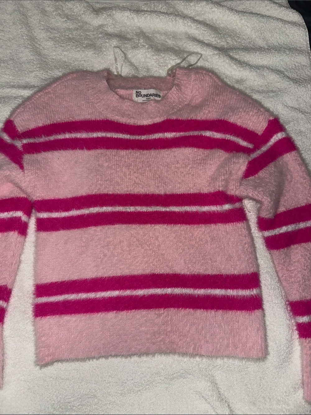 No Boundaries Pink and Hot Pink Striped Fuzzy Crewneck Sweater